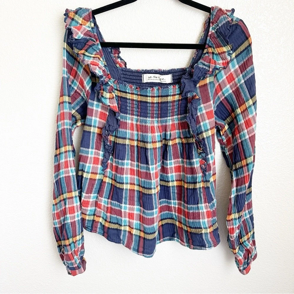 Free People Navy Sienna Plaid Long Sleeve Top‎ Sz Medium